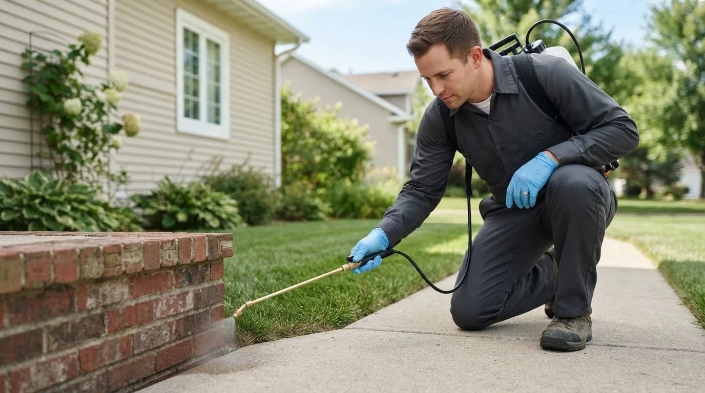 Pest control technician treating a home near Bapchule, AZ
